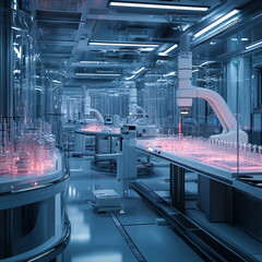 Obraz premium Futuristic laboratory with robotic arms and high-tech equipment for research and experimentation under vibrant lighting.
