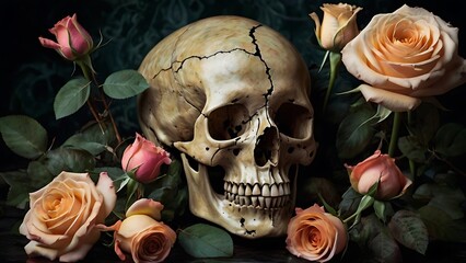 Human skulls with pink roses around, concept of death and love, cool graphical design