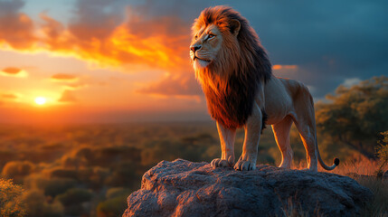 Majestic lion standing on a rock during sunset, showcasing strength and beauty in the wild landscape. © Ratchadaporn