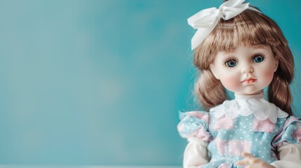 Fototapeta premium Porcelain doll with white bow, blue dress, sitting, background