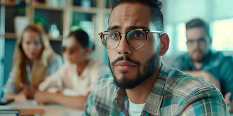 Fototapeta premium Latin man surrounded by his colleagues, in a work meeting