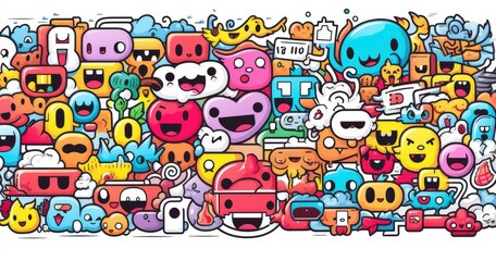 Fototapeta premium A colorful collage of playful characters and icons on white background, showcasing a vibrant and whimsical design.