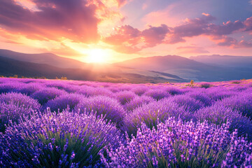 Fototapeta premium Wonderful nature landscape, amazing sunset scenery with blooming lavender flowers.