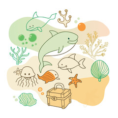 Naklejka premium Dolphins play among colorful jellyfish and corals while a treasure chest rests on the seafloor creating a lively underwater adventure for all