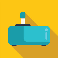 Blue retro game console with joystick from above with long shadow on a yellow background, in flat design