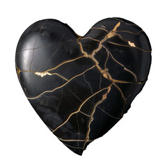 Heart. Stone heart. Kintsugi gold restoration of stone heart, kintsukuroi Japanese technique. Concept of renewed heart. PNG heart isolated on transparent background. 3D 
