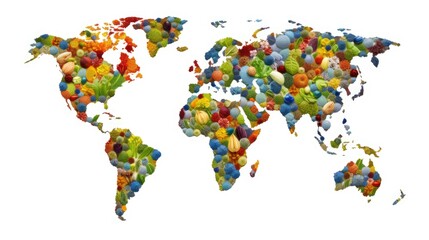 Fototapeta premium A colorful world map composed of various fruits and vegetables on white background, symbolizing diversity in food and nutrition.