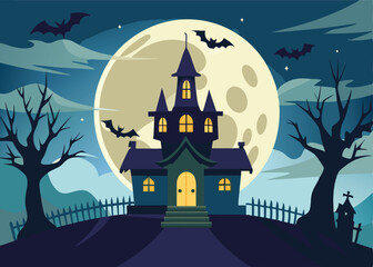 a halloween haunted house with a full moon and bats