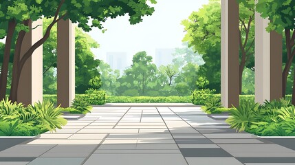 Naklejka premium Green Pathway Through Trees and Pillars