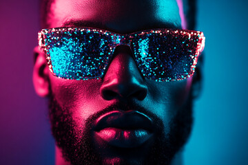 Mens Sequined Eyewear in Solid Neon Aqua, Lifestyle Portrait, Fashion Background, Trendy, Bold, Fashion forward Style
