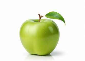 A green apple with a leaf, on a white background