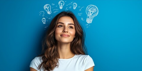 Young Woman with Creative Ideas and Light Bulb Drawings on Blue Background
