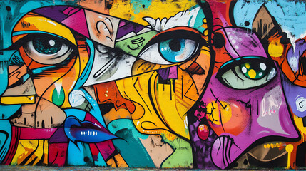 Obraz premium Vibrant abstract mural featuring colorful eyes and playful shapes, showcasing urban street art creativity and expression.