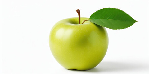 A green apple with a leaf, on a white background