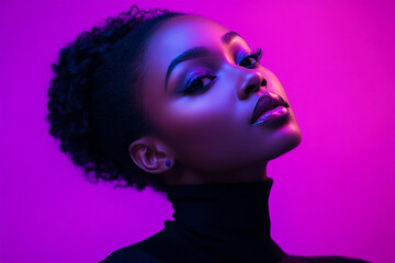 Womens Black Turtleneck with Neon Purple Highlights, Lifestyle Portrait, Fashion Background, Trendy and Fashion forward