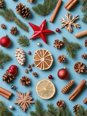 Obraz premium Flat lay christmas composition on blue background. Made with Generative AI.