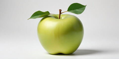 A green apple with a leaf, on a white background