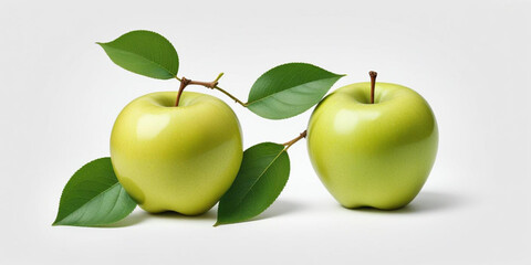 A green apple with a leaf, on a white background