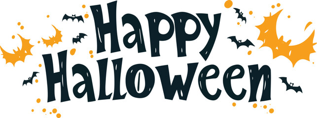 Happy Halloween vector text banner on a transparent background. Featuring black bats, witch and cobwebs suitable for placing over Halloween cards, social media and poster designs.