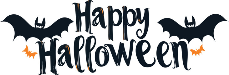 Happy Halloween vector text banner on a transparent background. Featuring black bats, witch and cobwebs suitable for placing over Halloween cards, social media and poster designs.