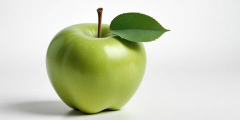 A green apple with a leaf, on a white background
