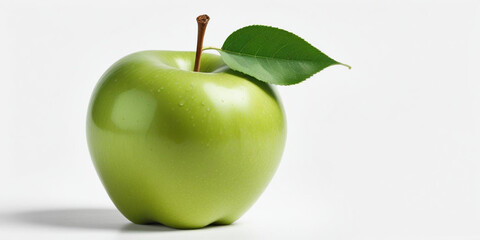 A green apple with a leaf, on a white background