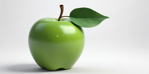 A green apple with a leaf, on a white background