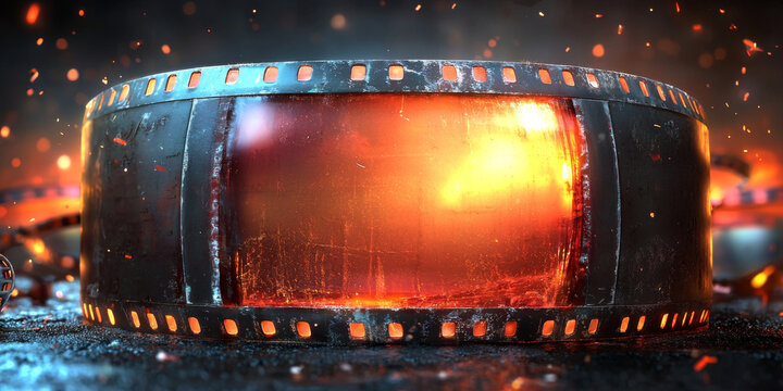 Close-up of a vintage film reel with a fiery glow.