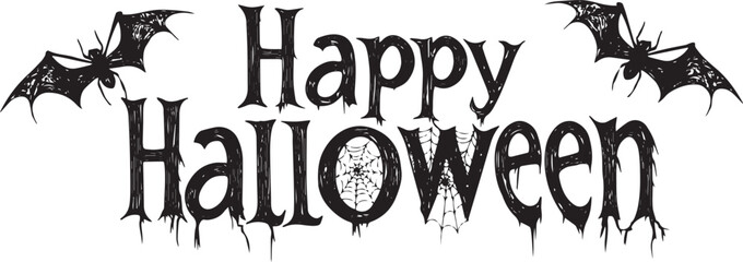 Happy Halloween vector text banner on a transparent background. Featuring black bats, witch and cobwebs suitable for placing over Halloween cards, social media and poster designs.