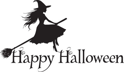 Happy Halloween vector text banner on a transparent background. Featuring black bats, witch and cobwebs suitable for placing over Halloween cards, social media and poster designs.
