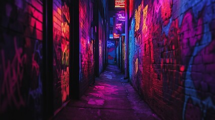 Obraz premium A narrow alleyway is illuminated by vibrant neon lights in various shades of purple, pink, and blue. The walls on either side are covered in colorful graffiti, adding to the urban and edgy atmosphere.