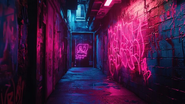 The image is of a narrow urban alleyway, illuminated by vibrant, neon pink and blue lights. The walls of the alley are covered in graffiti and wall art, creating an edgy and rebellious atmosphere. Pud