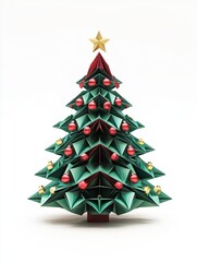 Obraz premium Handcrafted Christmas tree origami ornament isolated on white background.