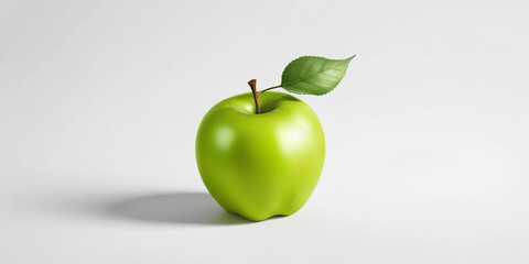 A green apple with a leaf, on a white background