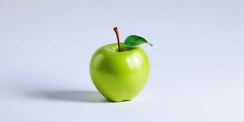 A green apple with a leaf, on a white background