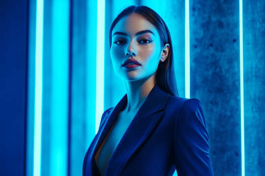 Womens Navy Blue Suit with Solid Neon Aqua, Lifestyle Portrait, Fashion Background, Contemporary and Stylish Look