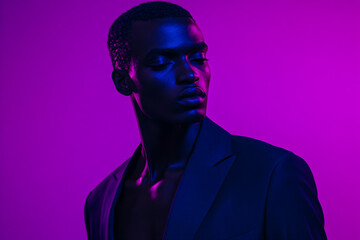 Fototapeta premium Mens Navy Blue Blazer with Solid Neon Purple, Lifestyle Portrait, Fashion Background, Fashion forward and Stylish Look