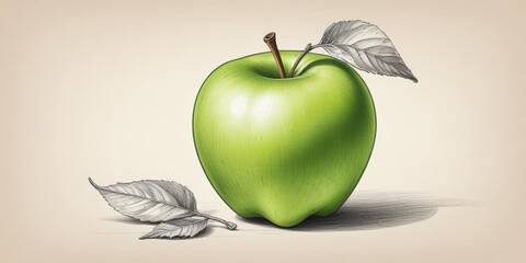 A green apple with a leaf, on a white background