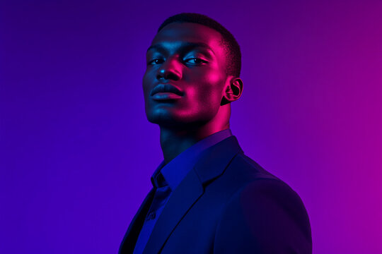 Mens Navy Blue Blazer with Solid Neon Purple, Lifestyle Portrait, Fashion Background, Contemporary and Trendy Design