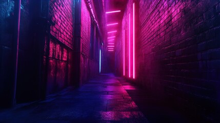 Fototapeta premium A narrow alleyway illuminated by vibrant, neon lights. The walls are made of brick and appear to be wet, reflecting the bright, pink, and purple hues of the lights. Vertical neon bars line the walls o