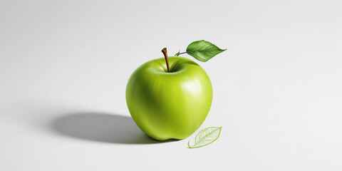 A green apple with a leaf, on a white background