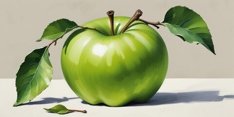A green apple with a leaf, on a white background