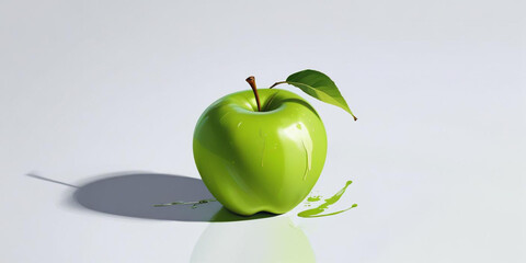 A green apple with a leaf, on a white background