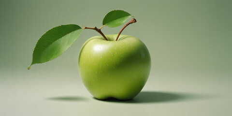 A green apple with a leaf, on a white background