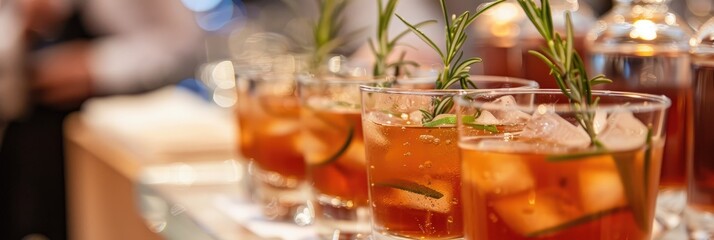 Elegant glasses filled with icy alcoholic cocktails garnished with rosemary, displayed on a buffet table at an event.