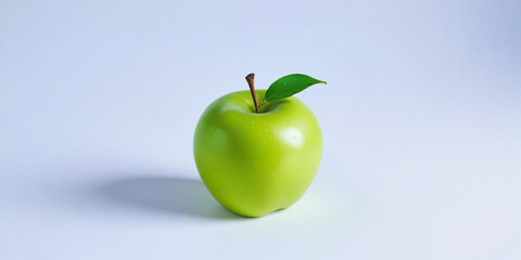 A green apple with a leaf, on a white background