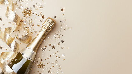 Fototapeta premium Champagne bottle with gold stars and glittering confetti on beige background, festive celebration flat lay, luxury party decor, elegant event concept, minimalistic holiday design