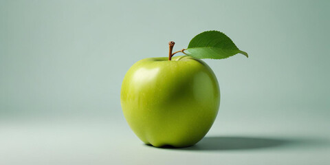 A green apple with a leaf, on a white background 