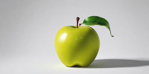 A green apple with a leaf, on a white background 