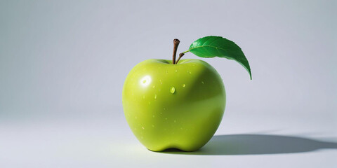 A green apple with a leaf, on a white background 